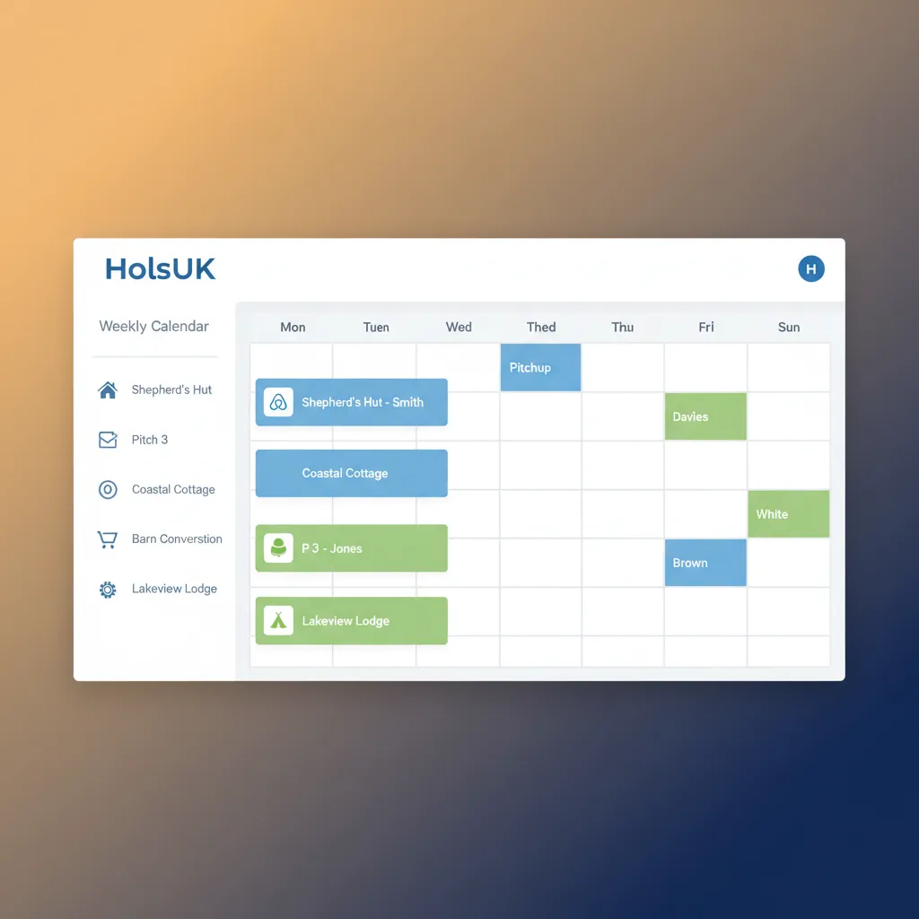 HolsUK dashboard calendar showing bookings from Airbnb and Pitchup synced together.