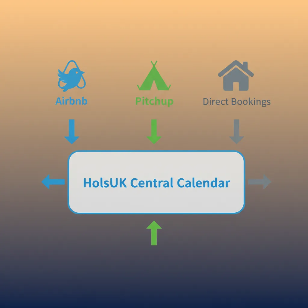 Diagram showing how HolsUK syncs Airbnb, Pitchup and direct bookings two-ways.