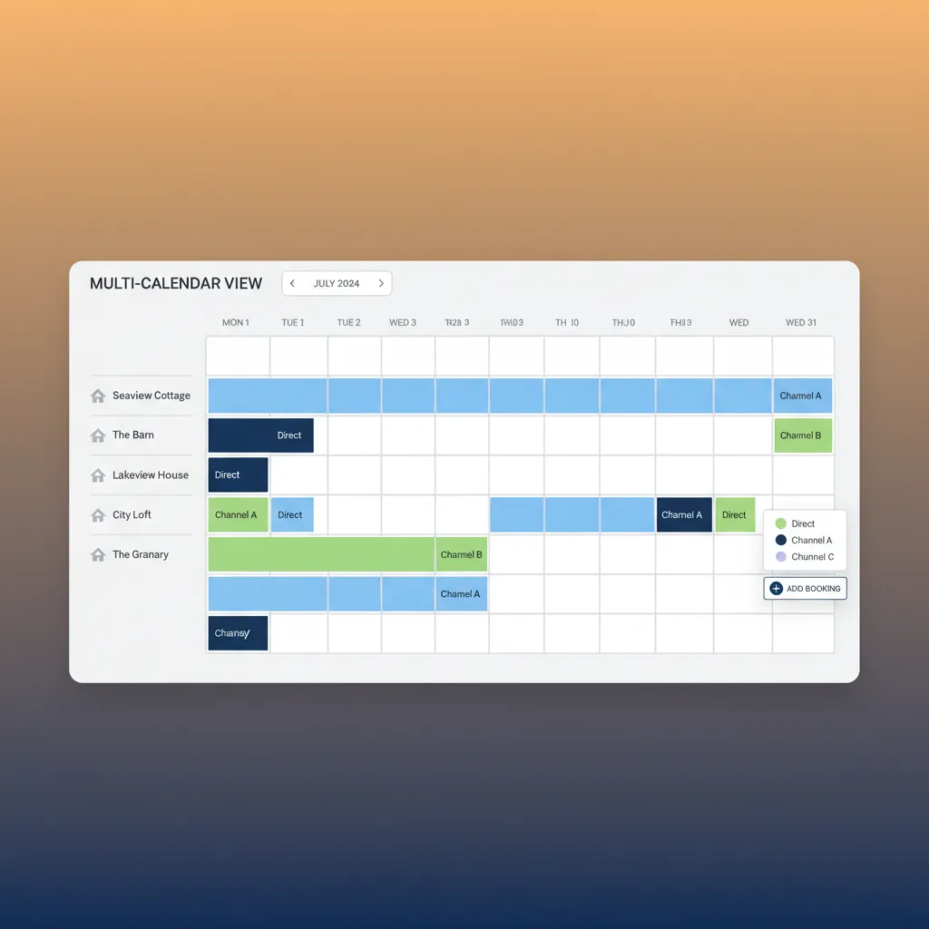 HolsUK's central calendar showing bookings from multiple channels for several properties.