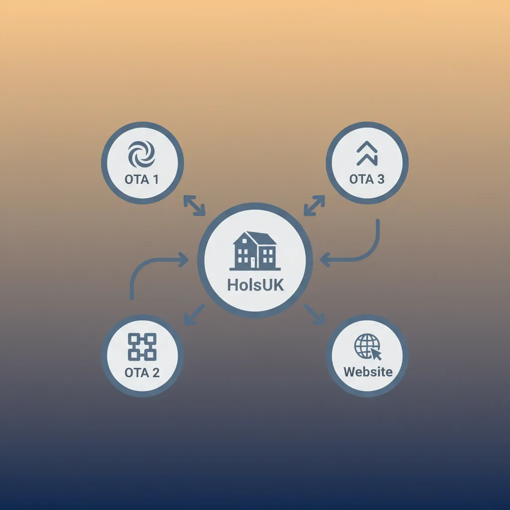 Diagram showing HolsUK as a central hub synchronising with multiple booking channels.