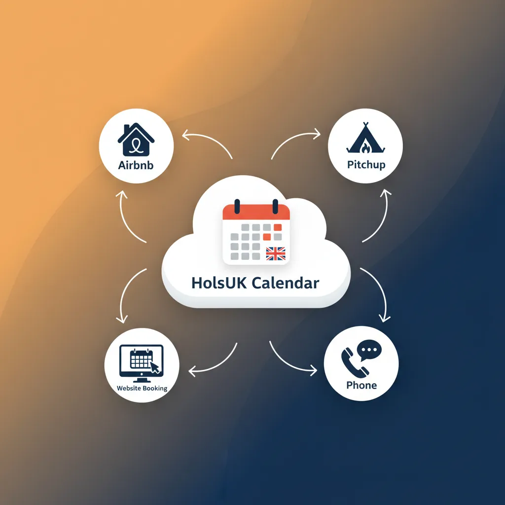 Diagram showing how HolsUK centralises bookings from Airbnb, Pitchup, and websites into one calendar.