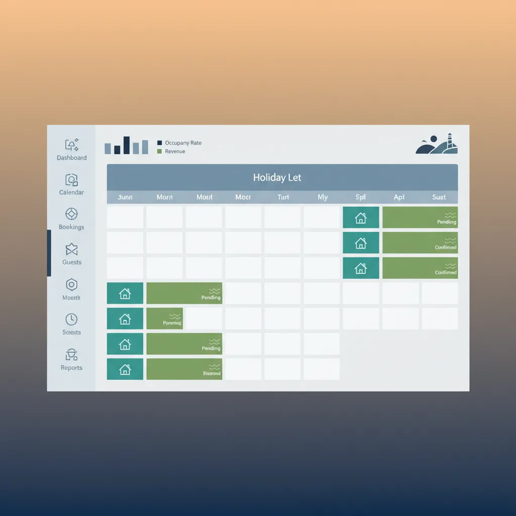 A clean dashboard calendar from a holiday let PMS showing bookings for multiple properties.