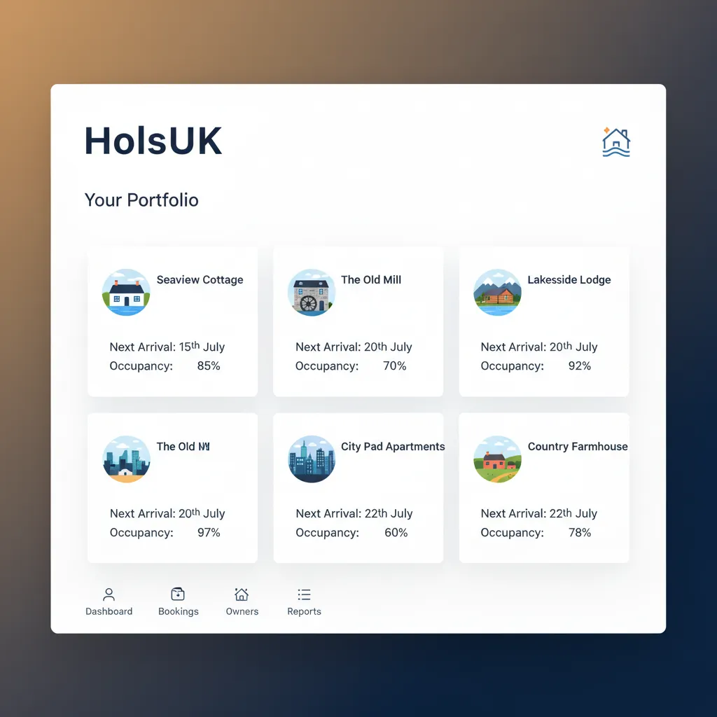 HolsUK dashboard showing a portfolio of multiple holiday let properties.