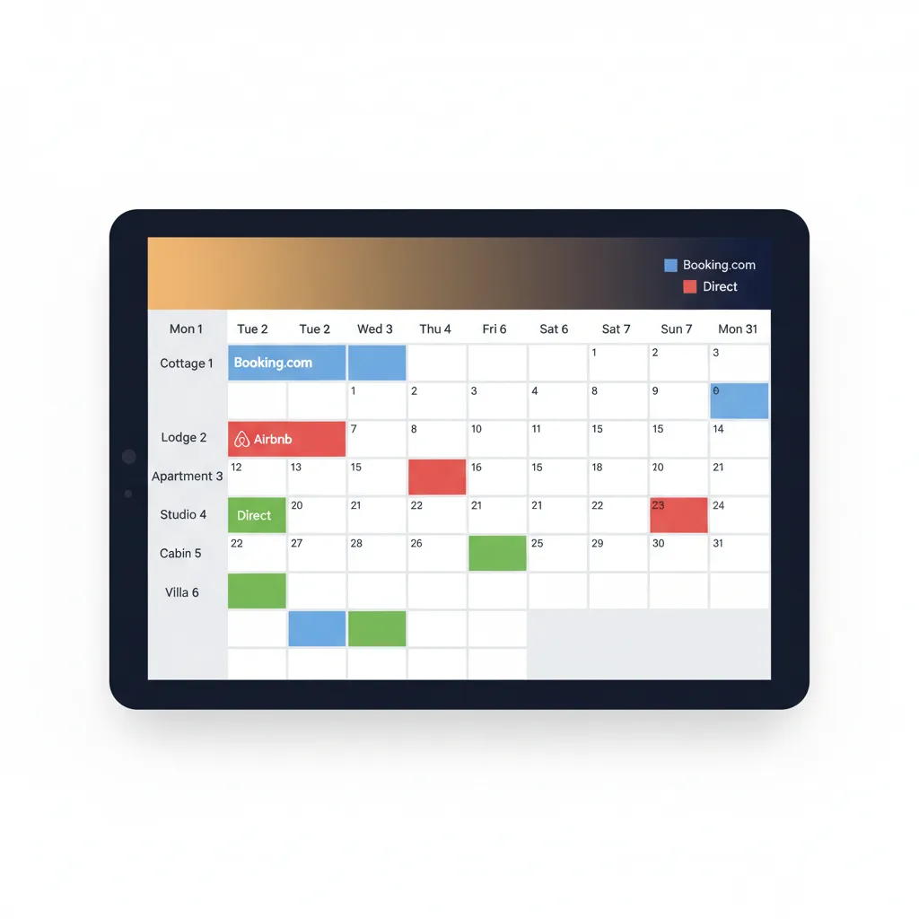 The HolsUK unified calendar showing bookings from different channels across multiple properties.