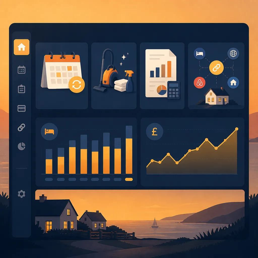Feature grid with calendar, cleaner tasks and revenue charts