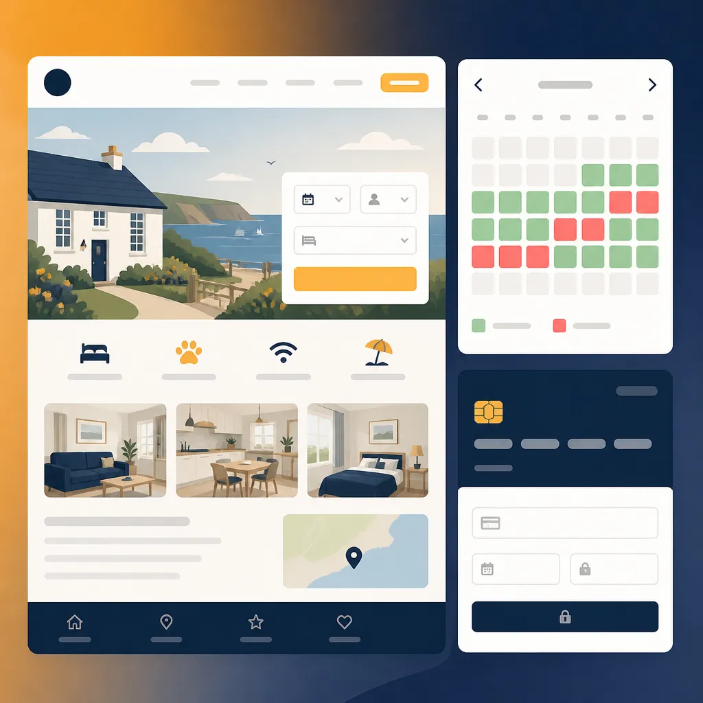 Dashboard and booking widget preview with calendar and payment panel