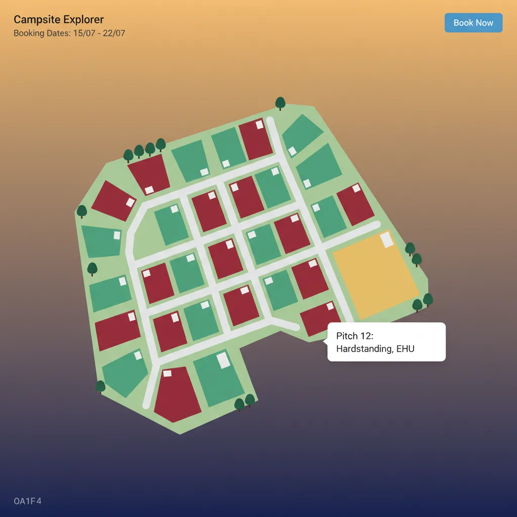 An interactive pitch map in the HolsUK booking system showing available and booked pitches.