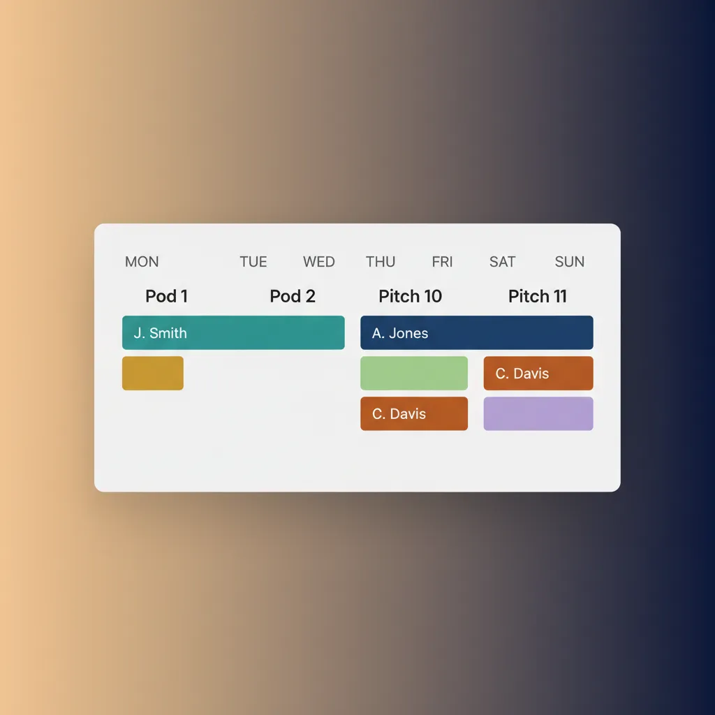 A screenshot of the HolsUK unified calendar showing bookings for pods and pitches.