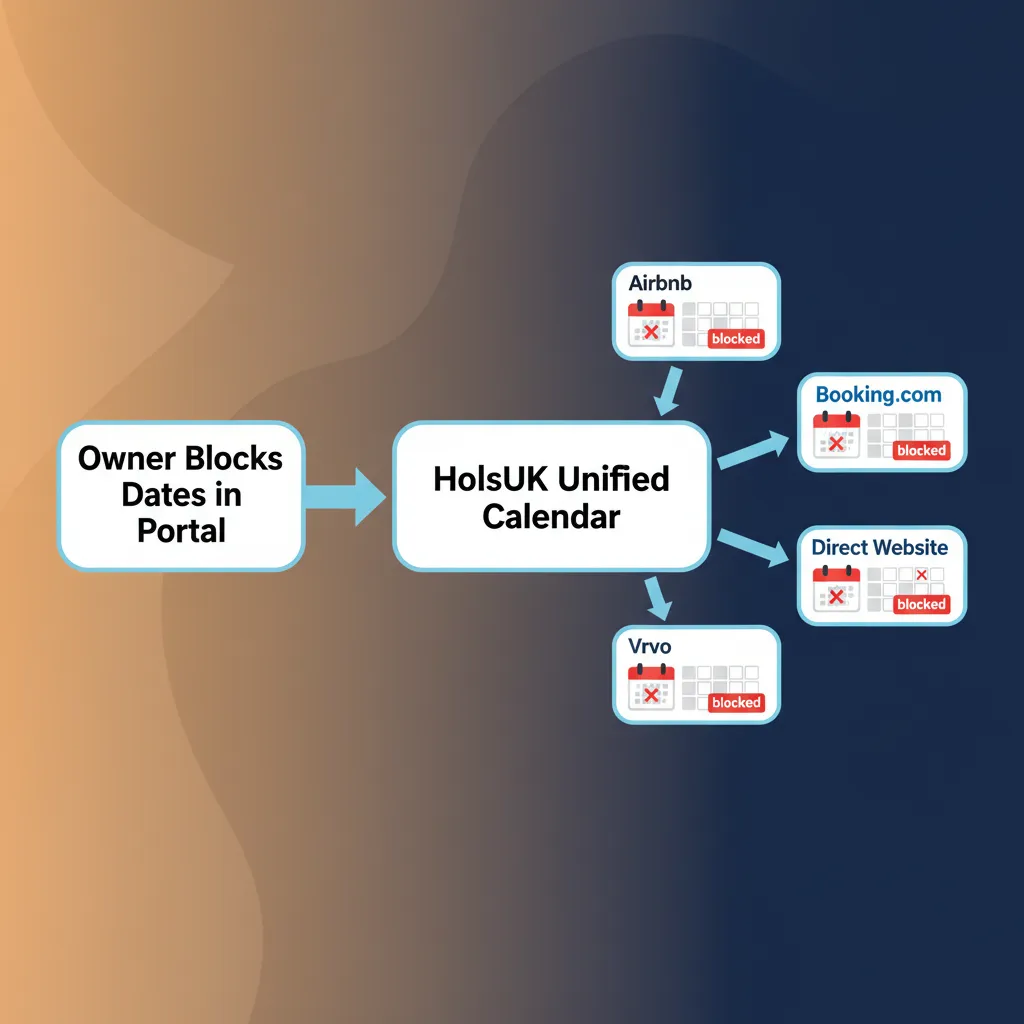 A diagram showing how an owner booking in HolsUK automatically blocks dates on other channels.