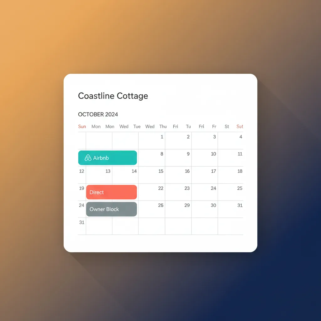 A mockup of the HolsUK unified calendar showing Airbnb, direct, and owner bookings.
