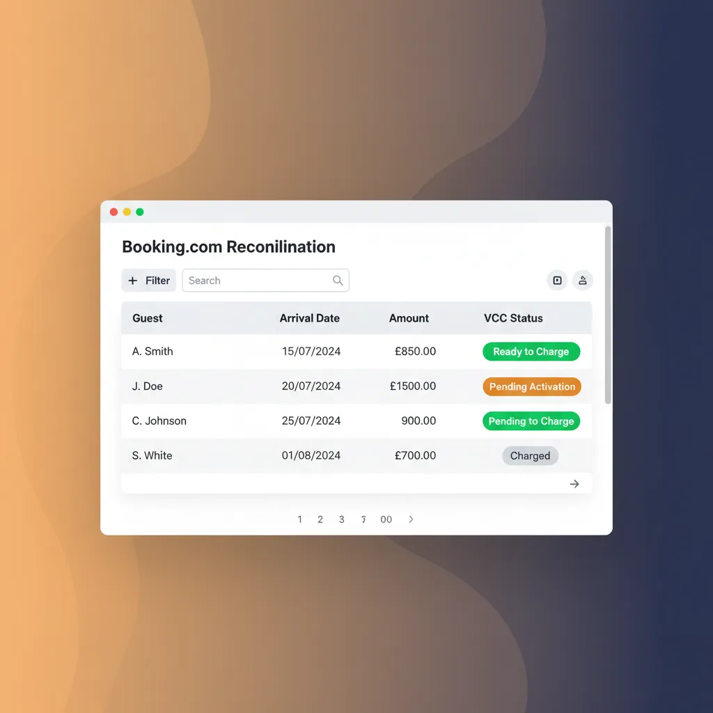 HolsUK's software interface for reconciling Booking.com virtual card payments, showing statuses.