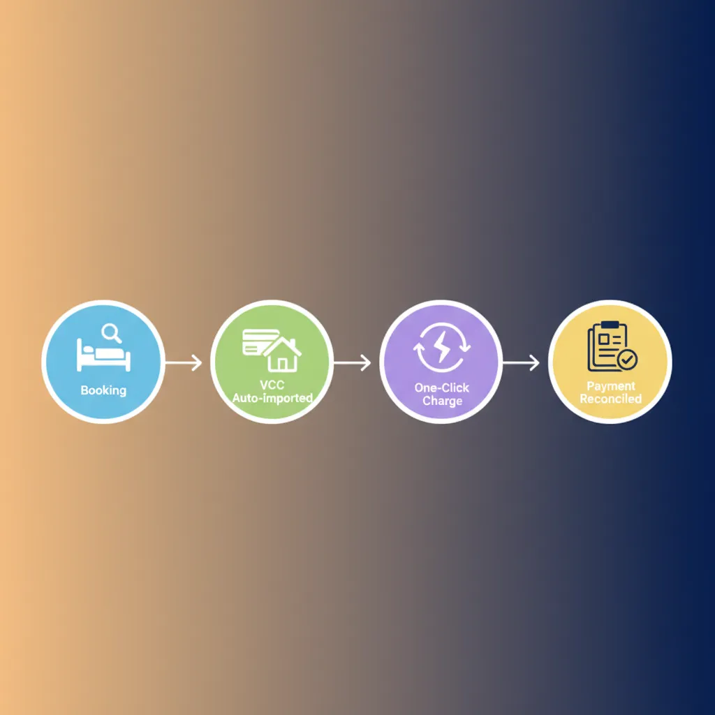A diagram showing how HolsUK automates the Booking.com VCC payment and reconciliation process.