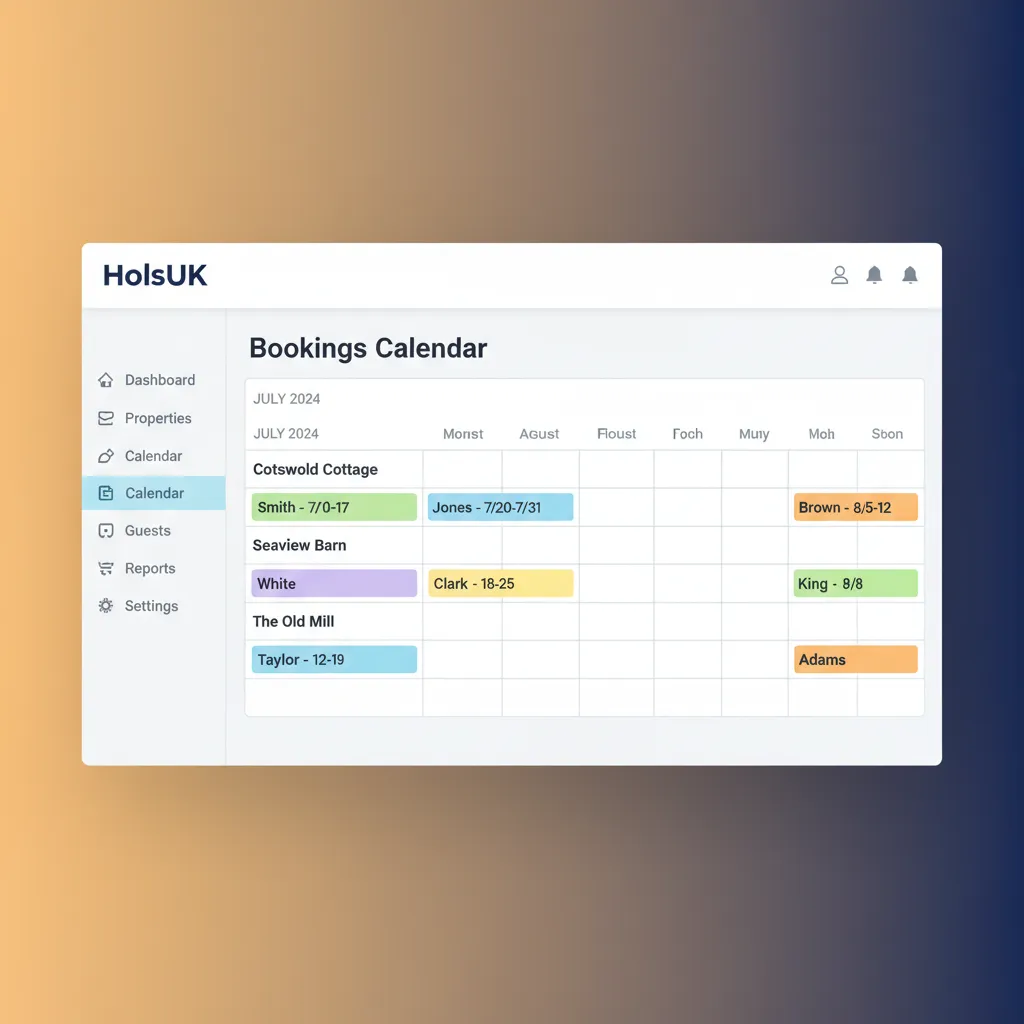 The HolsUK dashboard showing a central calendar with bookings for multiple UK holiday lets.