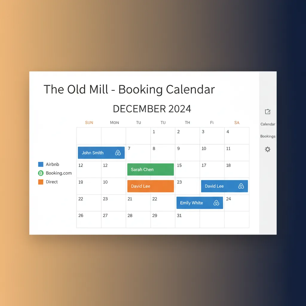 A clean dashboard calendar view from the HolsUK platform showing bookings from multiple channels.