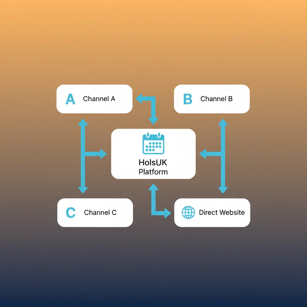 A diagram showing how HolsUK syncs calendar data two-ways with multiple booking channels.