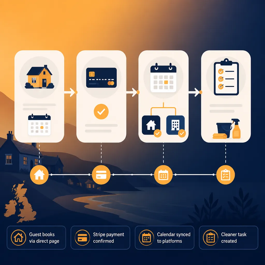 Workflow diagram linking booking, Stripe payment, channel sync and cleaner task