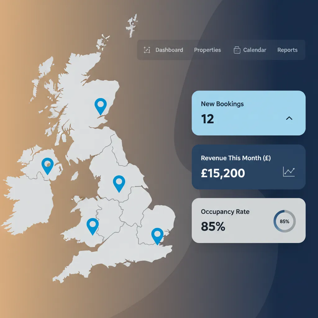 A mockup of the HolsUK dashboard showing a portfolio of UK holiday cottages.