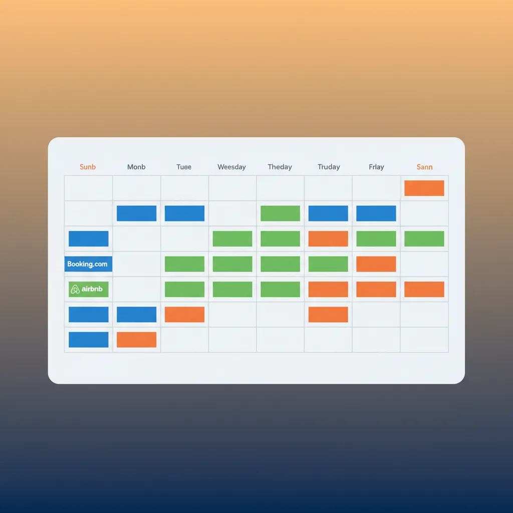 A central calendar in HolsUK showing colour-coded bookings from Booking.com and direct channels.