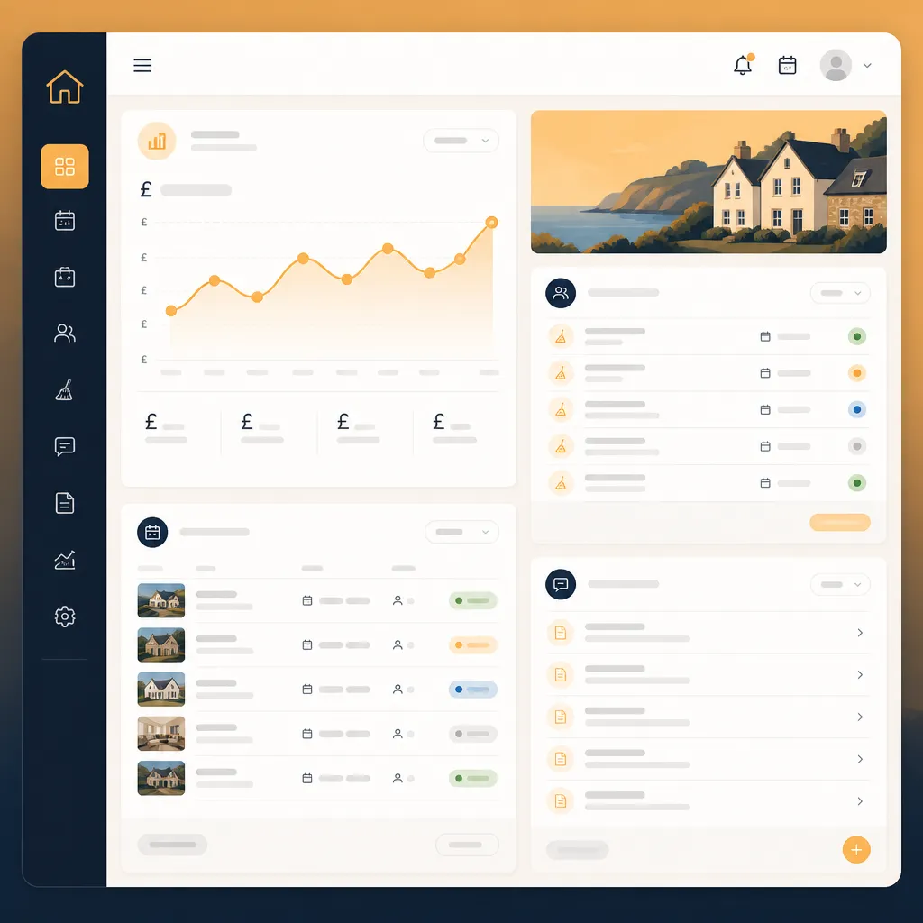 Features dashboard showing revenue chart, booking list and cleaner panel