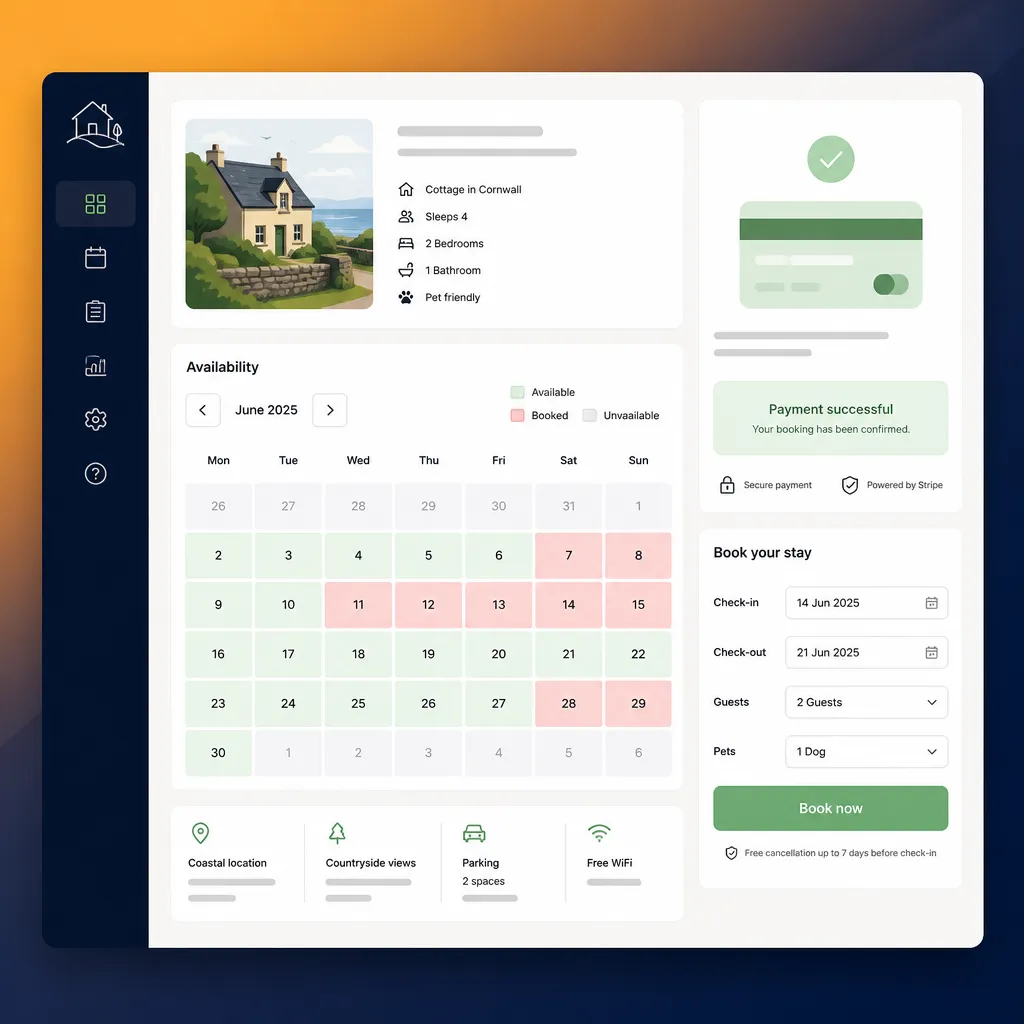 Booking dashboard with calendar, Stripe payment confirmation and booking form