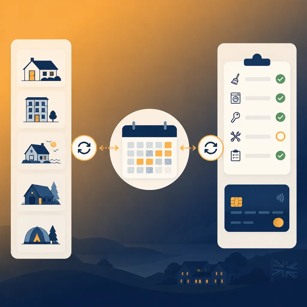 Diagram of channel sync into calendar with cleaner tasks and payments
