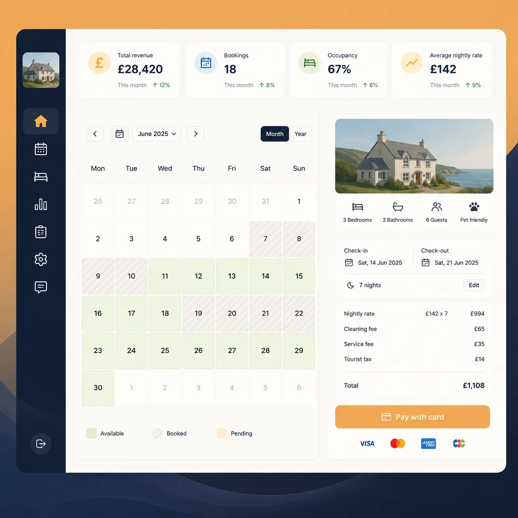 Dashboard with calendar, booking widget and revenue summary
