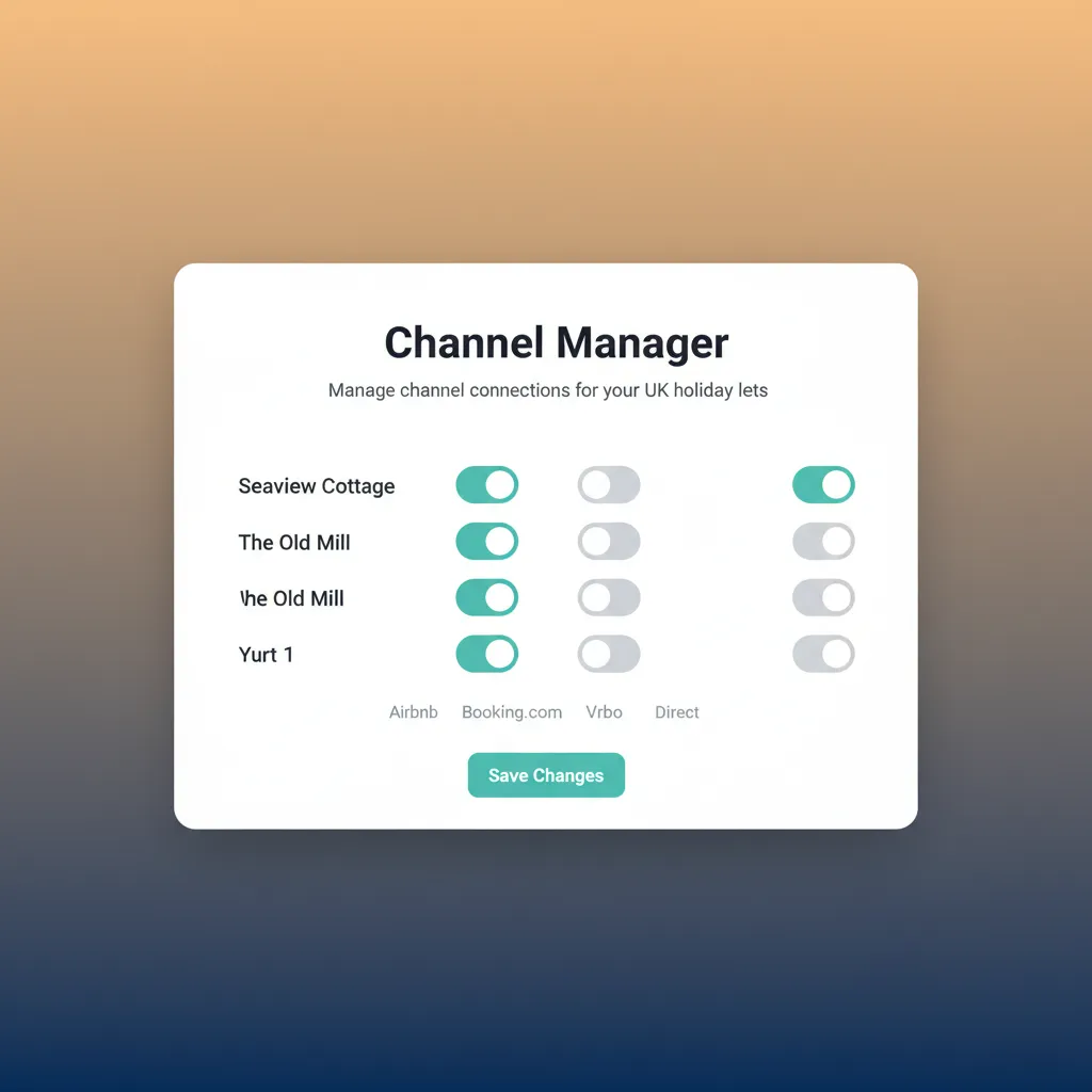 The HolsUK channel management screen showing toggles to connect properties to different channels.