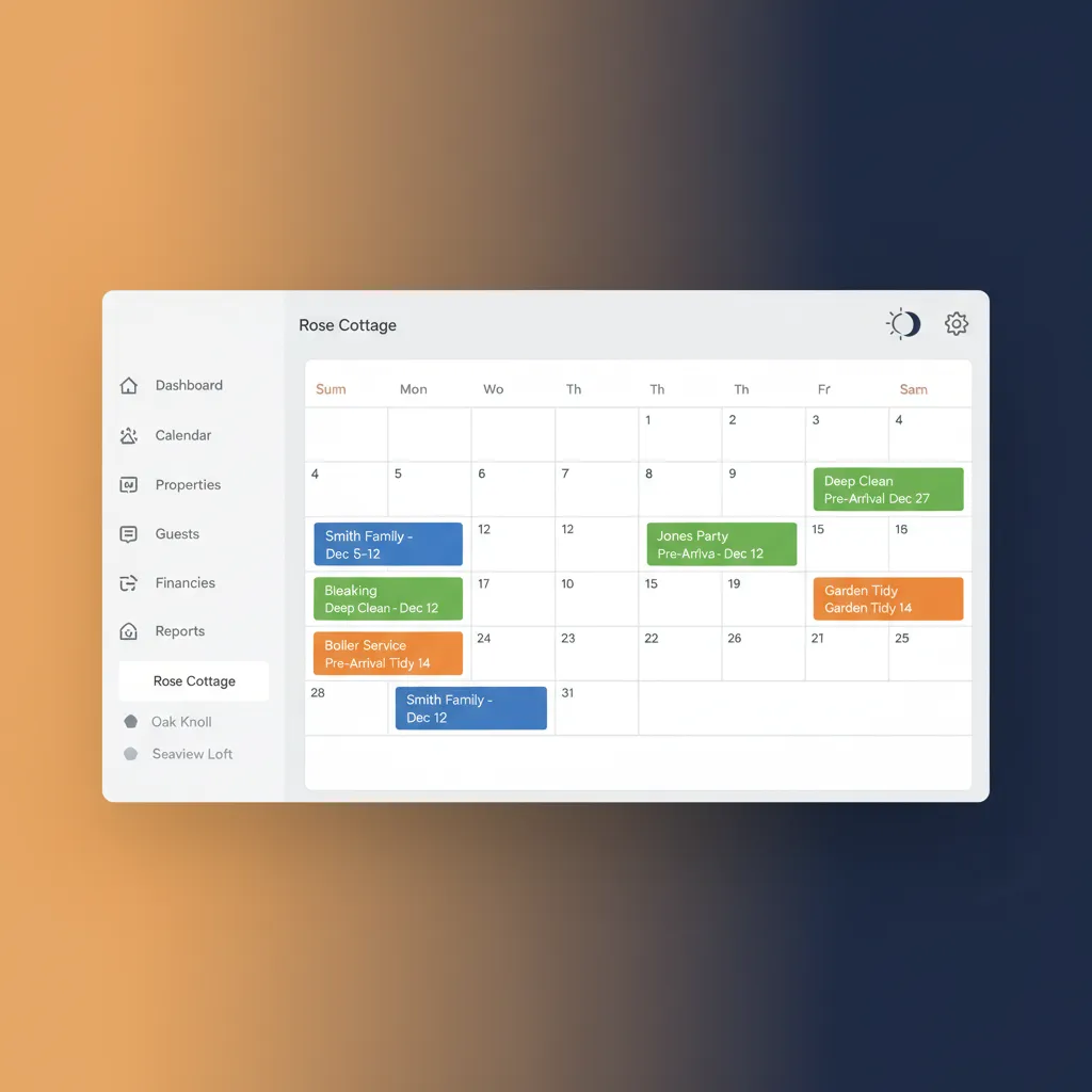 A dashboard calendar showing bookings and cleaning tasks for a holiday cottage.