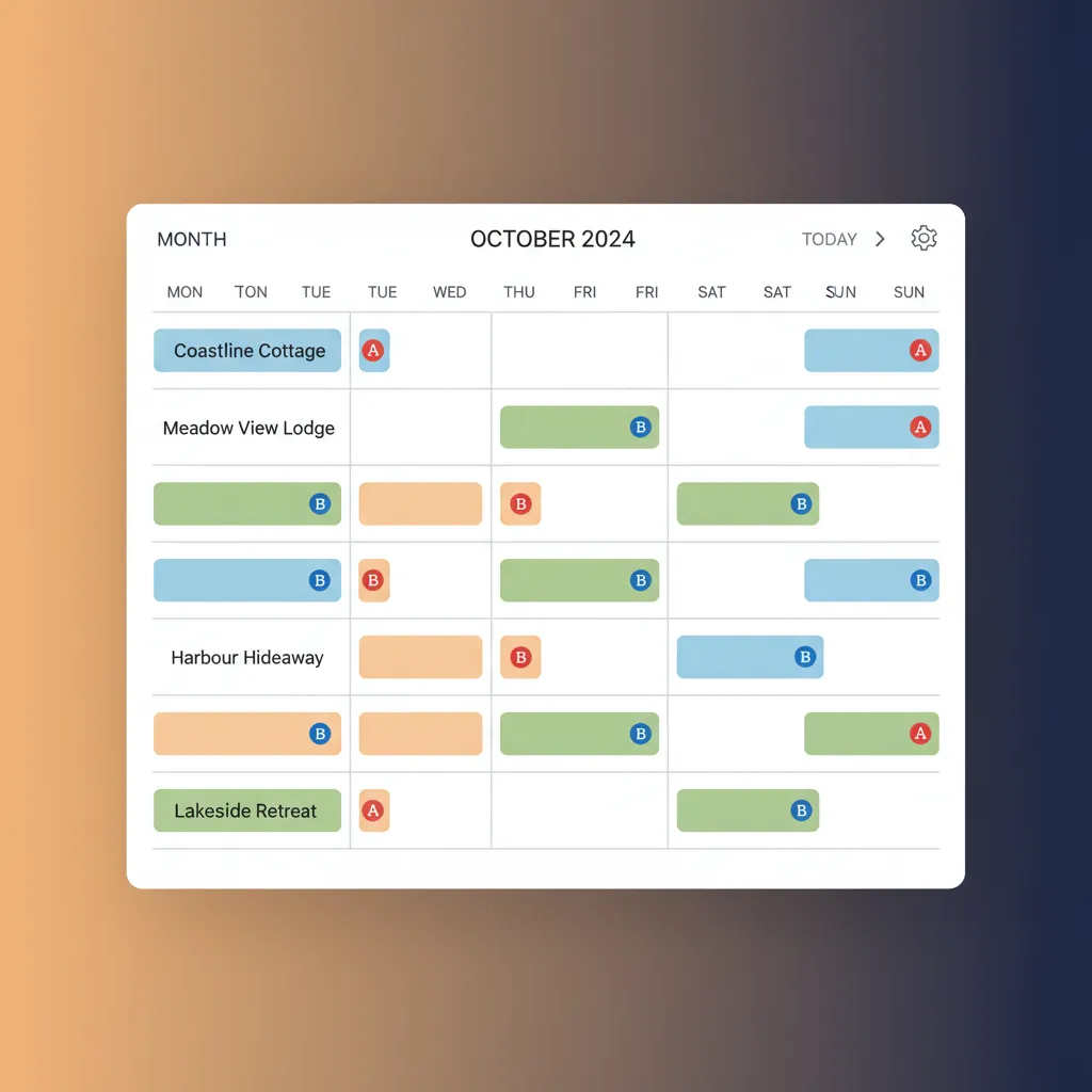 A mockup of the HolsUK unified calendar showing bookings from different channels like Airbnb.