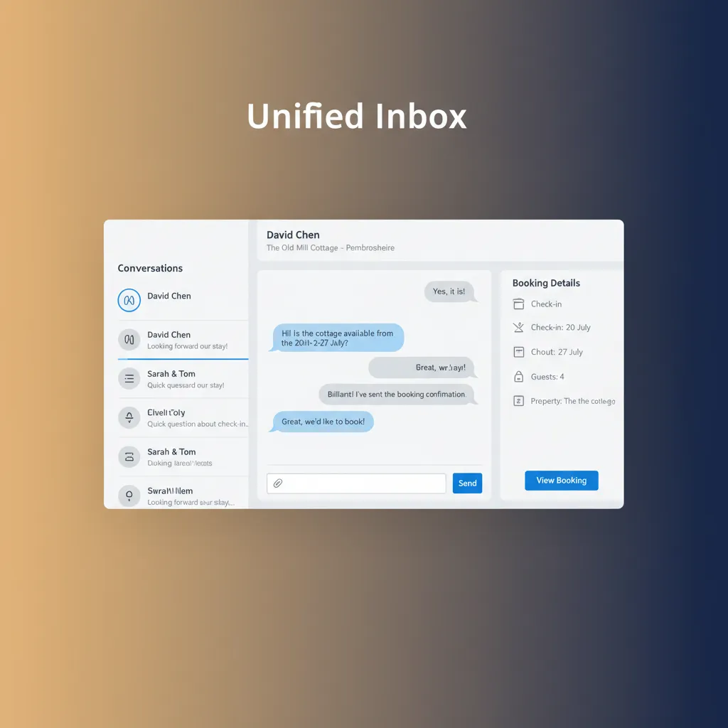 A mockup of the HolsUK unified inbox, centralising guest messages from all channels.