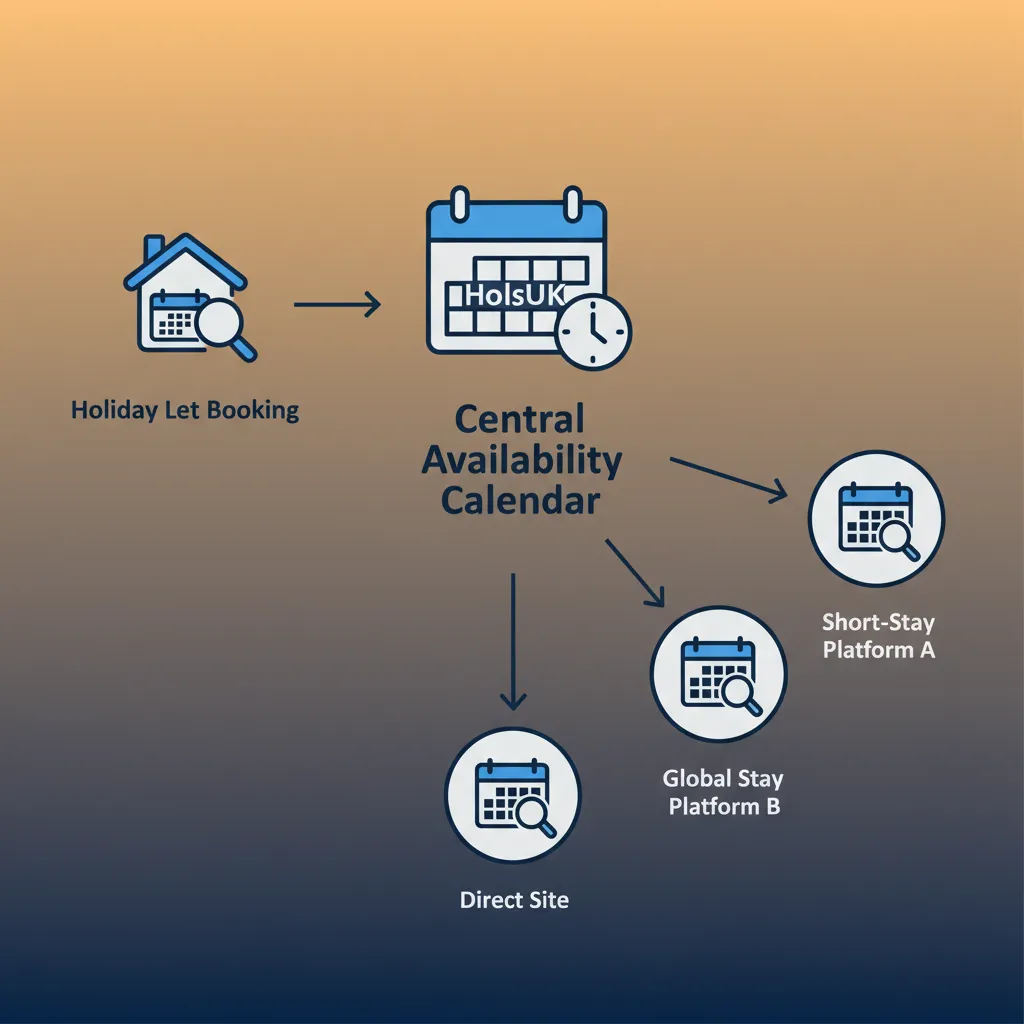 Diagram showing how HolsUK syncs a booking across all connected channels automatically.