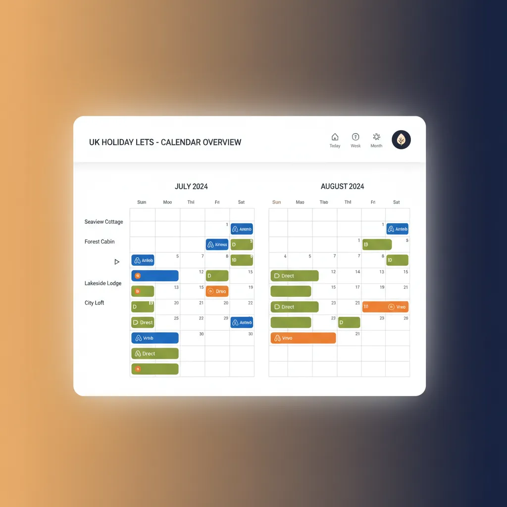 HolsUK's consolidated calendar view showing bookings from multiple channels for several properties.
