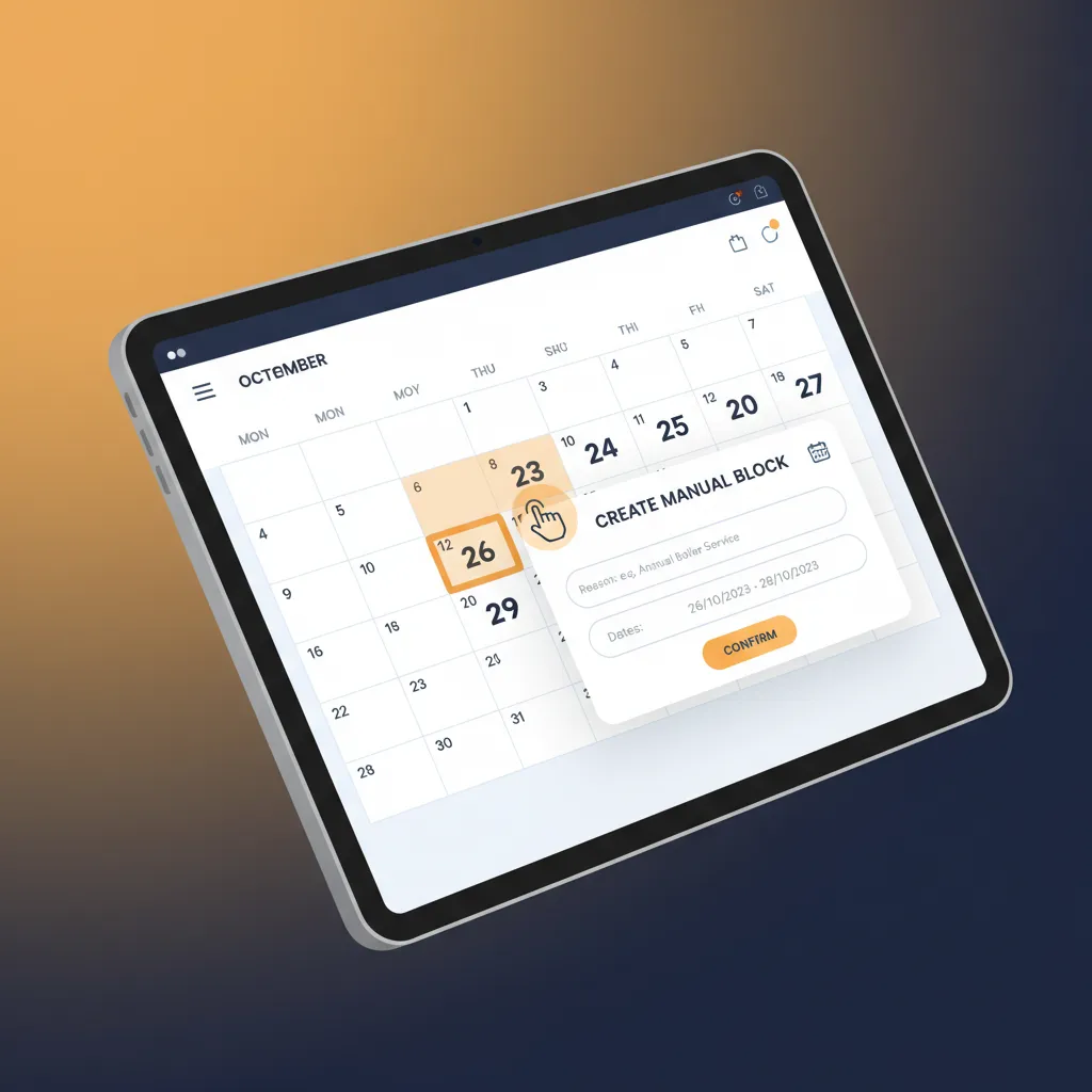 Adding a manual maintenance block to the HolsUK calendar on a tablet.