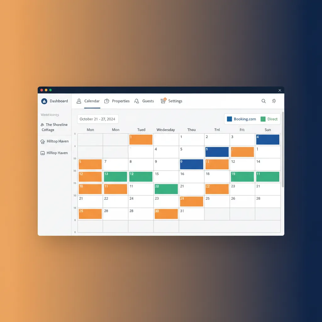A mockup of the HolsUK channel manager calendar showing bookings from multiple channels.