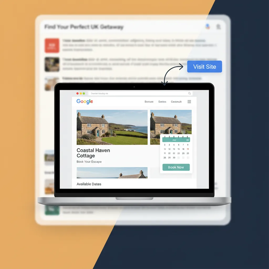 A laptop showing a direct booking website, illustrating the HolsUK Google Vacation Rentals integration.