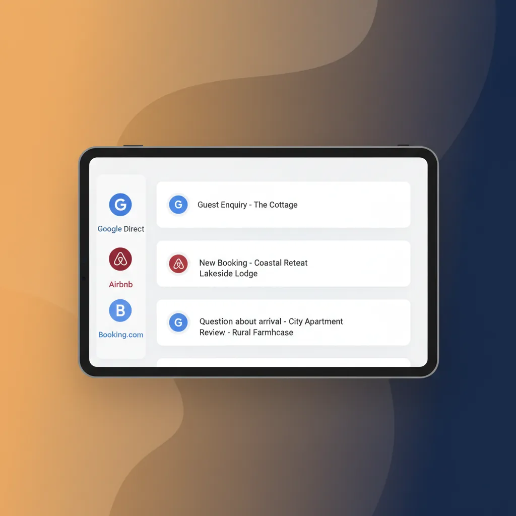 The HolsUK unified inbox showing messages from Google direct, Airbnb, and Booking.com in one place.