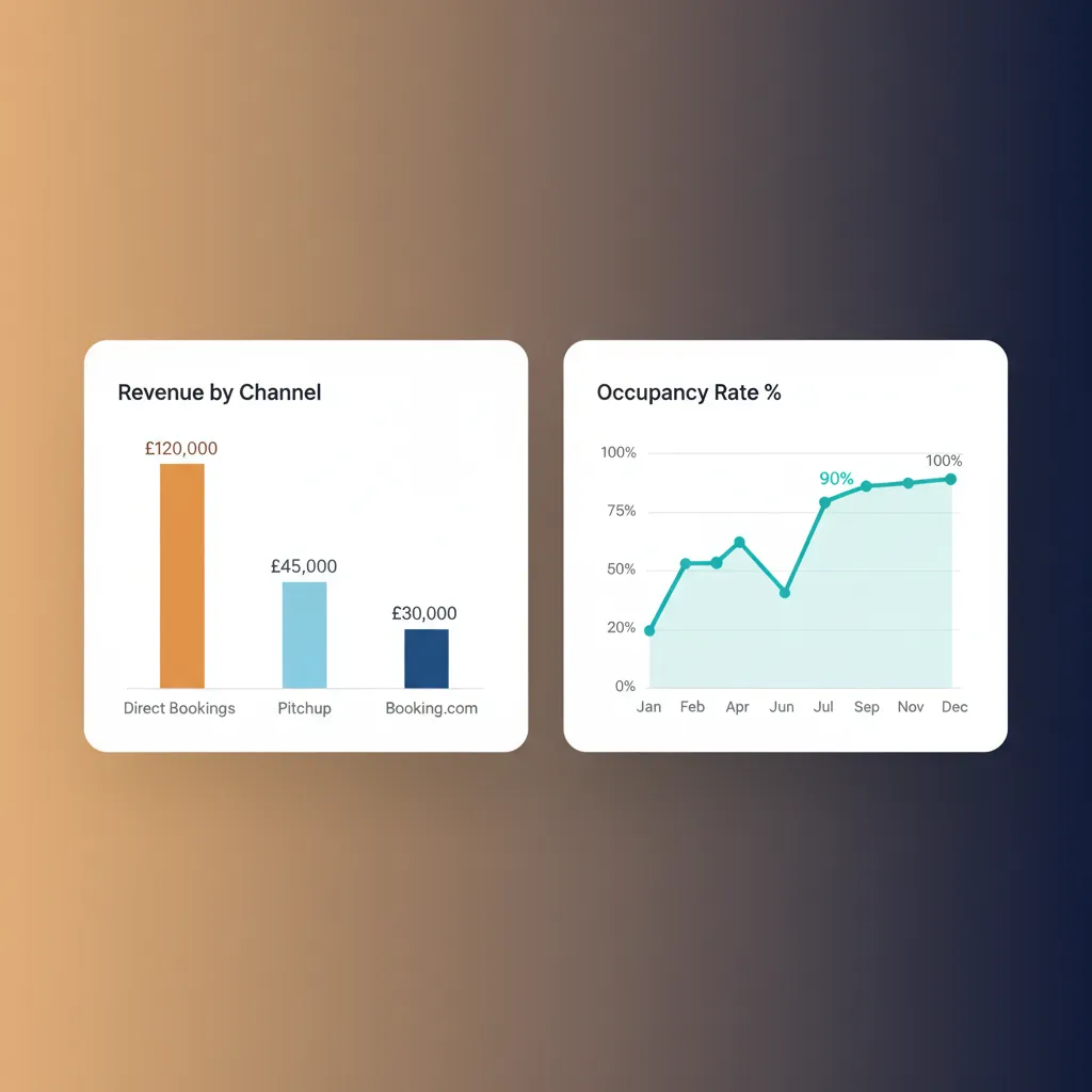 HolsUK revenue reporting dashboard showing income by channel and occupancy rates.