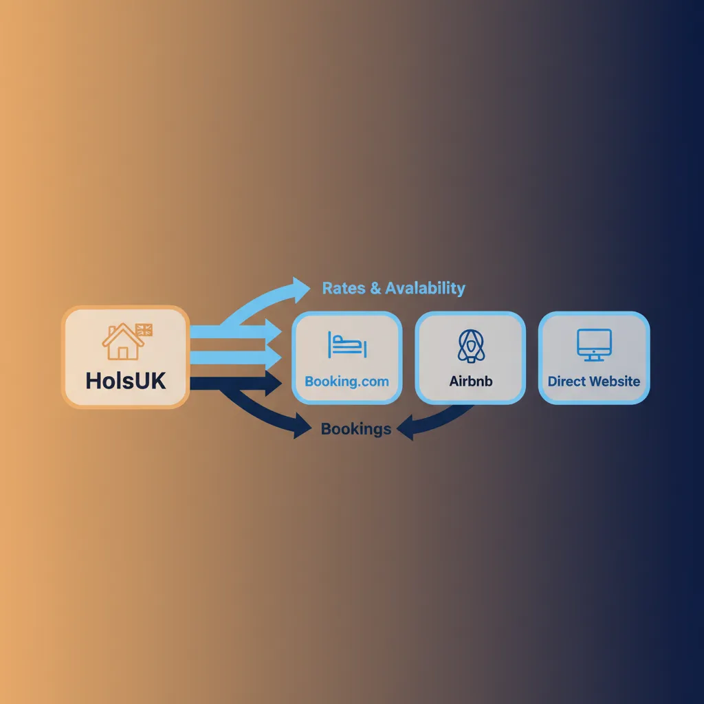 Diagram showing how HolsUK syncs rates and bookings with Booking.com and other channels.