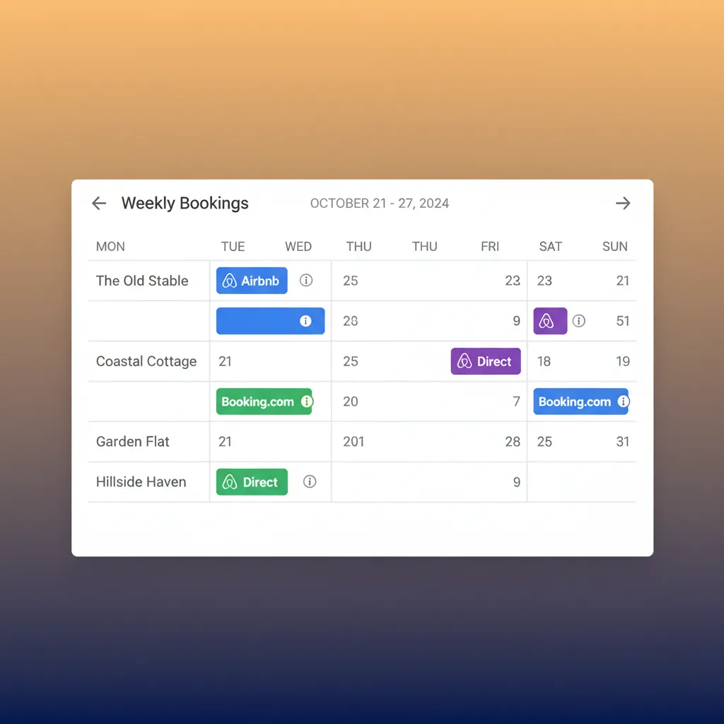 A unified calendar in HolsUK showing bookings from Airbnb, Booking.com, and direct sources.