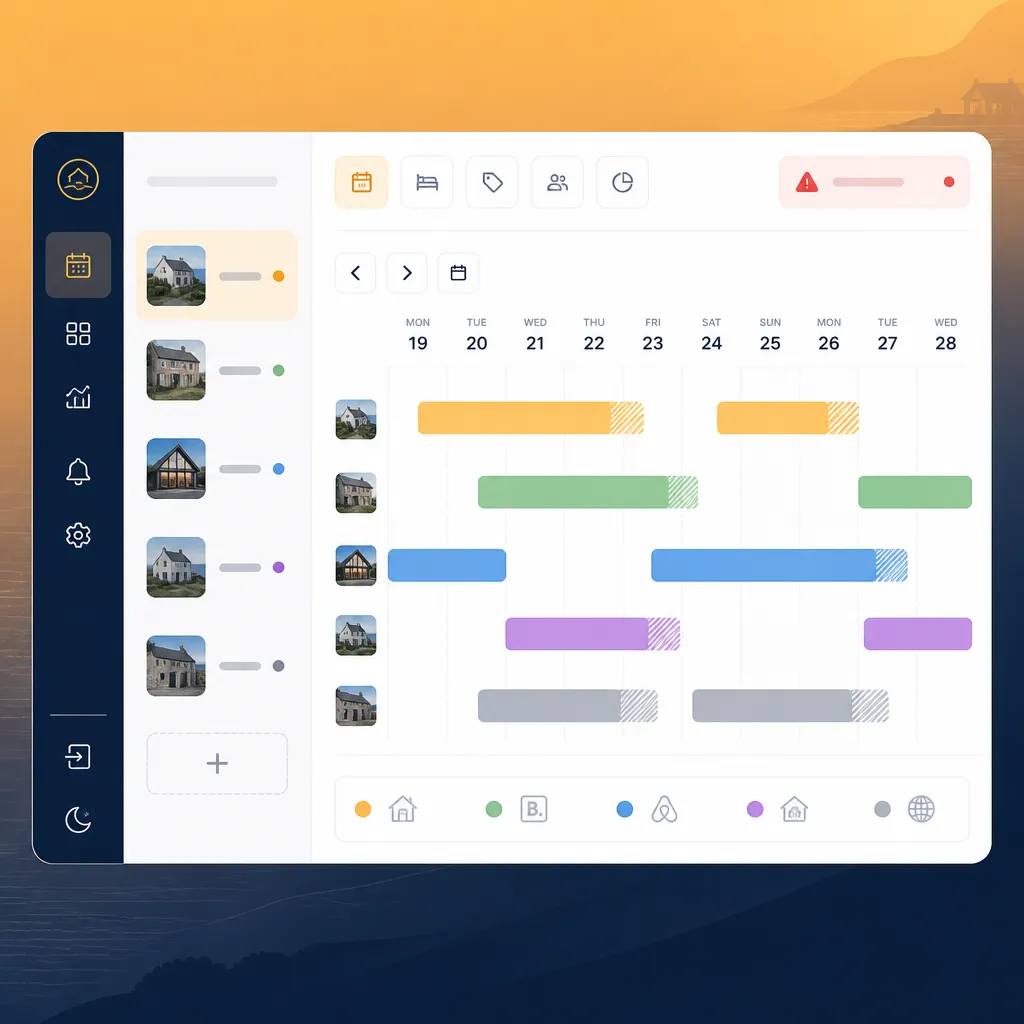 Dashboard calendar showing multi‑channel bookings and a feed alert