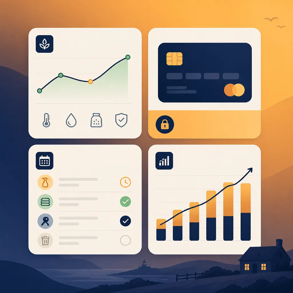 Feature tiles showing feed monitoring, payments and cleaner schedule