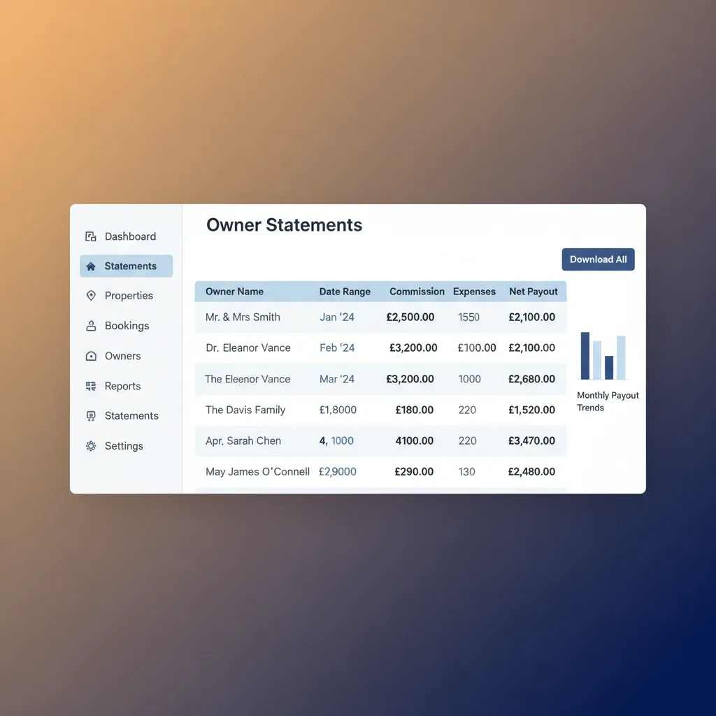 A HolsUK dashboard showing a list of automatically generated owner statements.