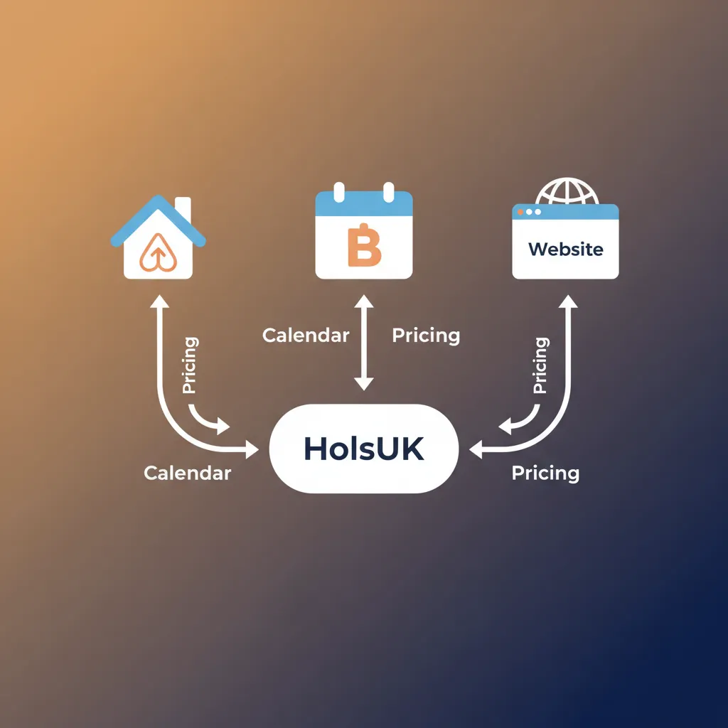 Diagram showing HolsUK syncing calendar and pricing data between Airbnb and other channels.