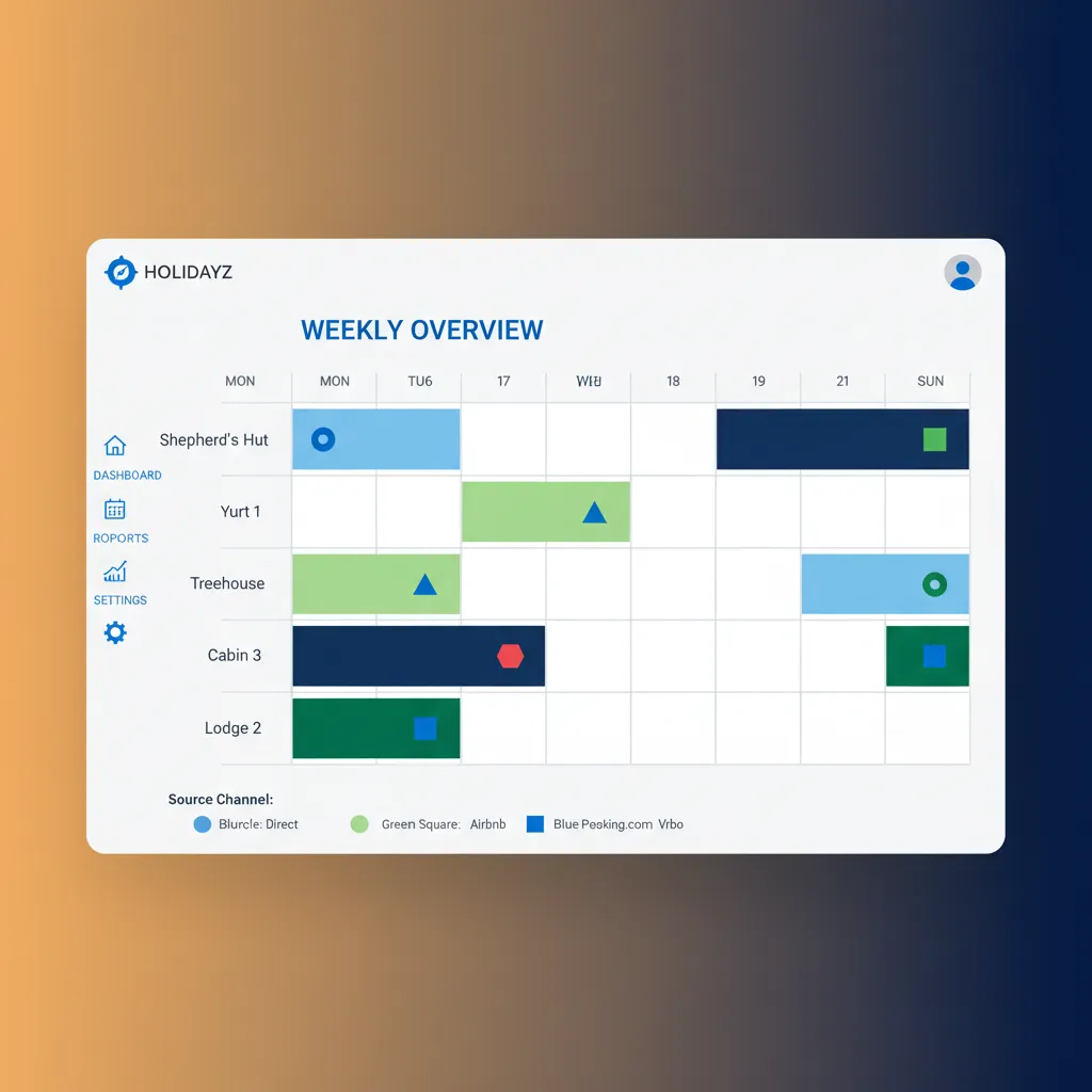 A dashboard calendar view in HolsUK showing bookings from different channels for glamping units.
