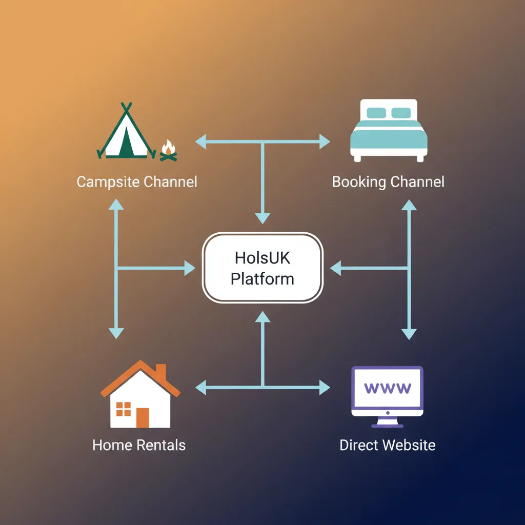 A diagram showing HolsUK as the central hub connecting Pitchup, Booking.com, and other channels.