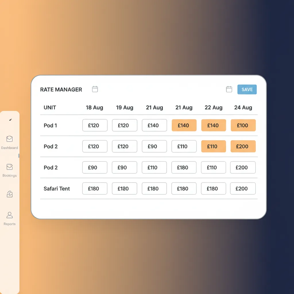 The HolsUK rate management grid for setting prices across multiple glamping units.