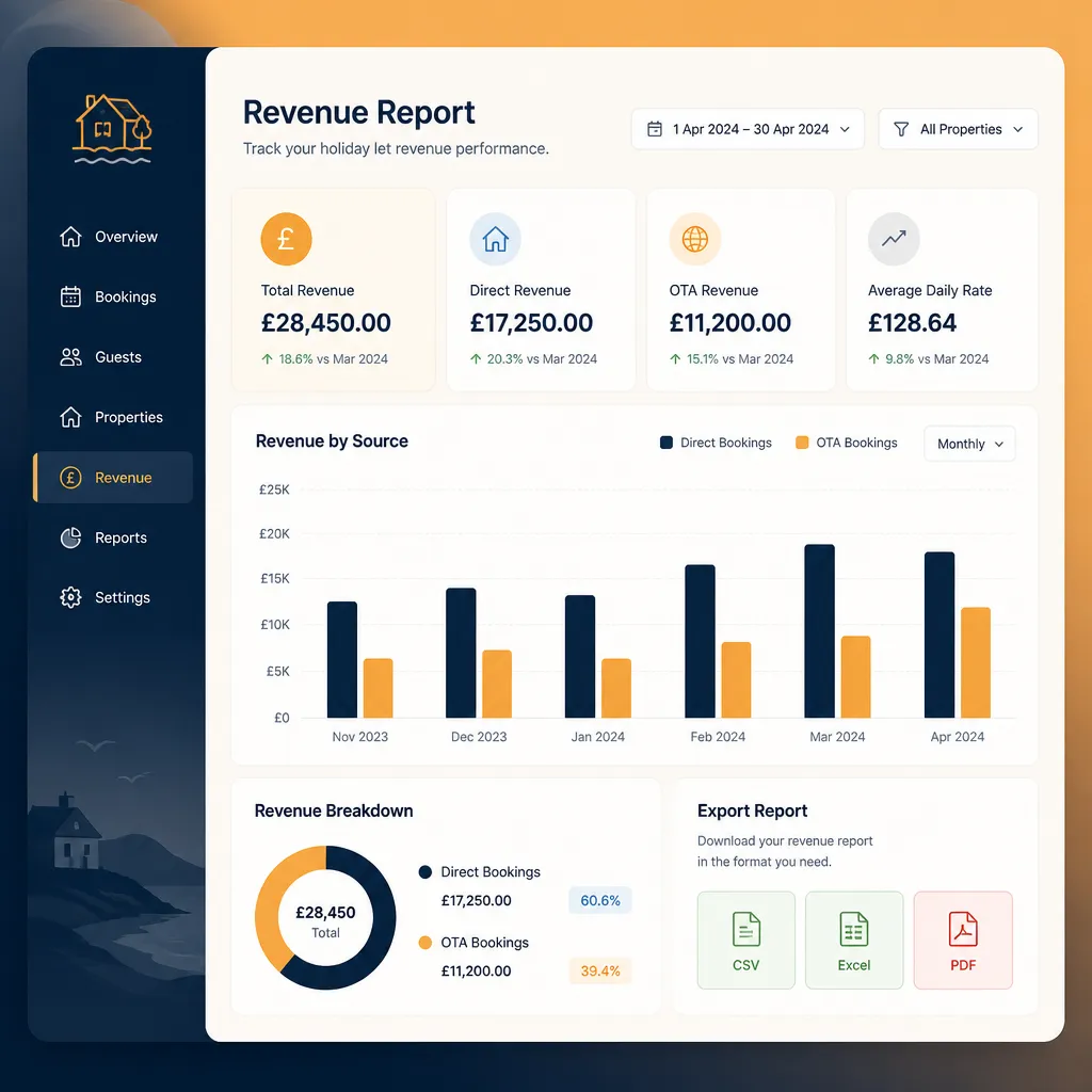 Revenue report screen comparing direct and OTA bookings in GBP