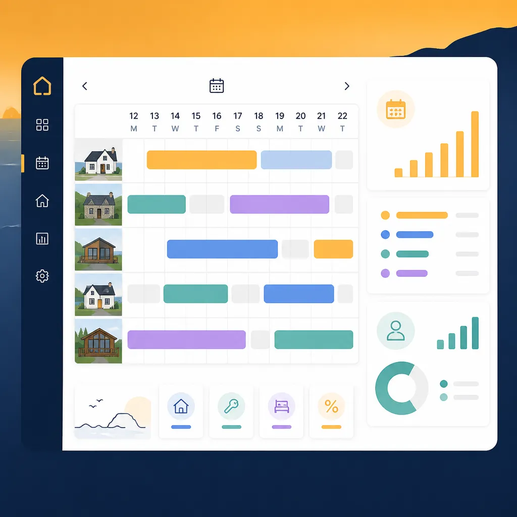 Dashboard calendar showing multi-property bookings and channel sync status