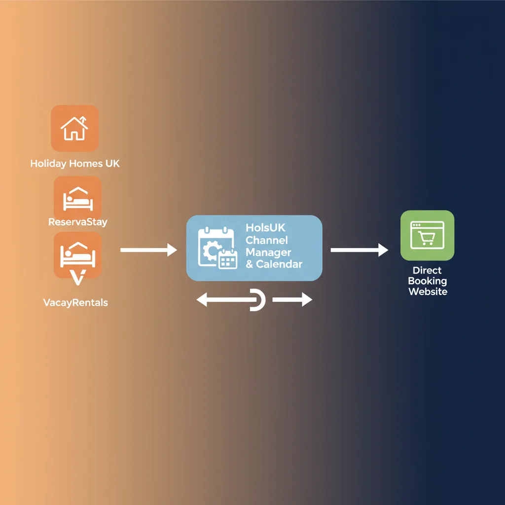 Diagram showing how HolsUK channel manager syncs OTAs with a direct booking website.