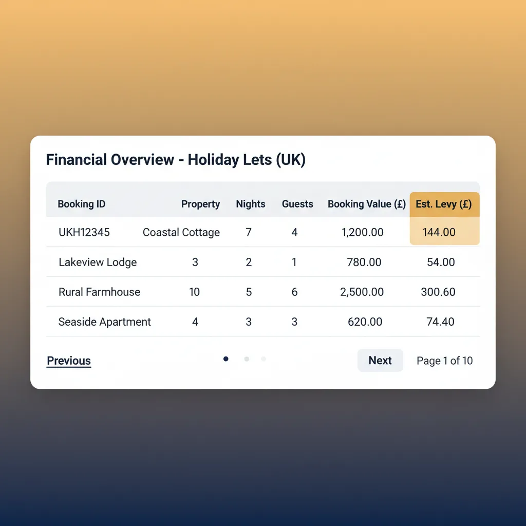 A close-up of a HolsUK revenue report showing estimated visitor levy calculations per booking.